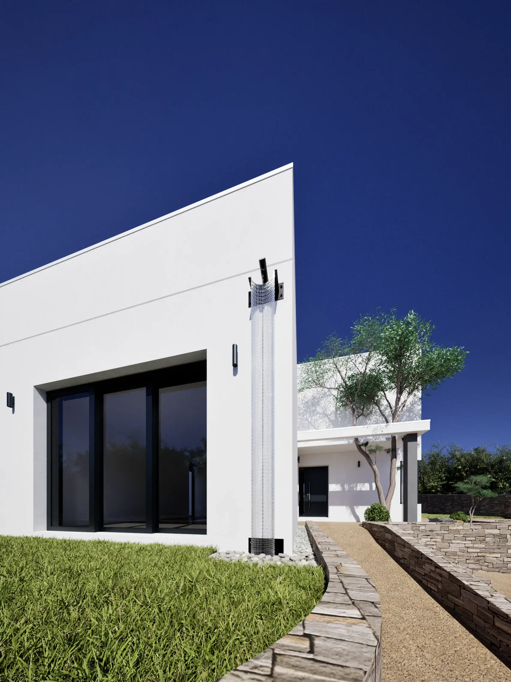 Villa minimaliste en béton avec descente d'eau